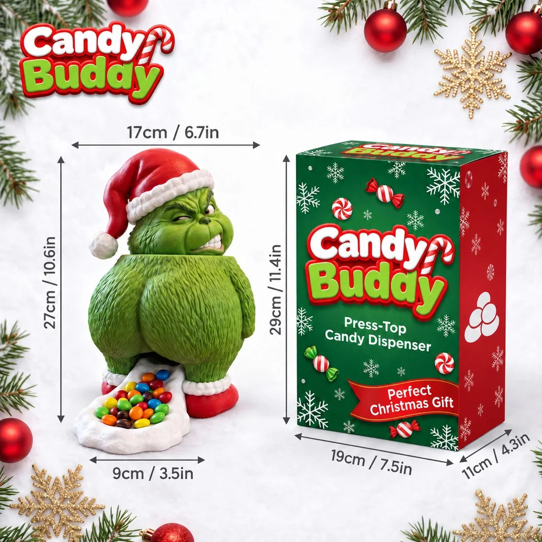 Grinch candy dispenser dimensions and festive packaging