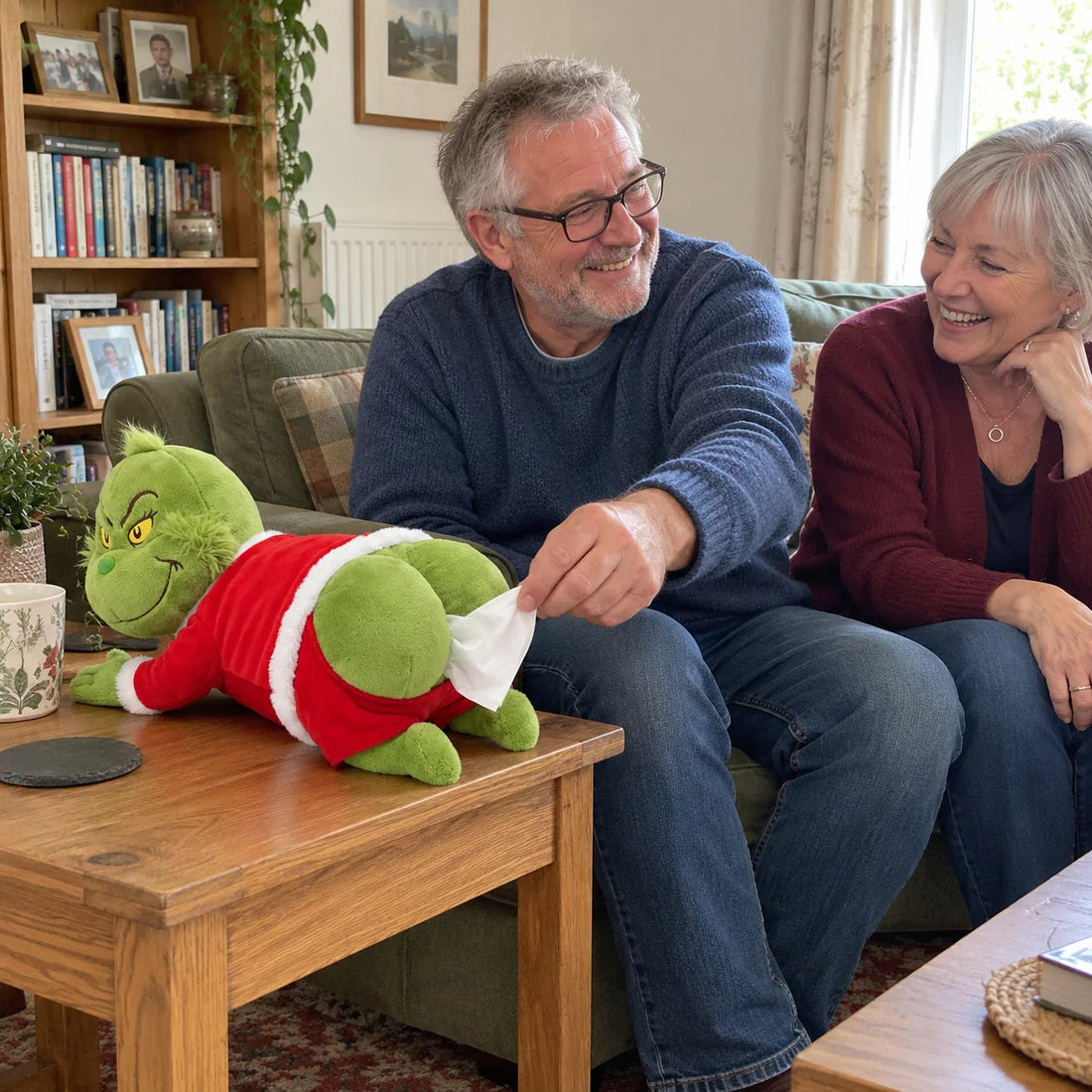 Grumpy Plush funny Christmas tissue holder being enjoyed as a gift at home