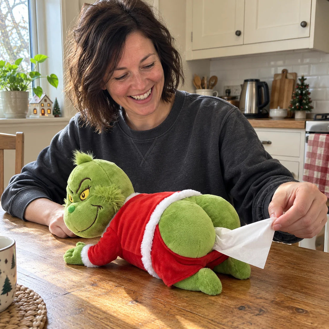 Person using Grumpy Plush Christmas tissue holder at home